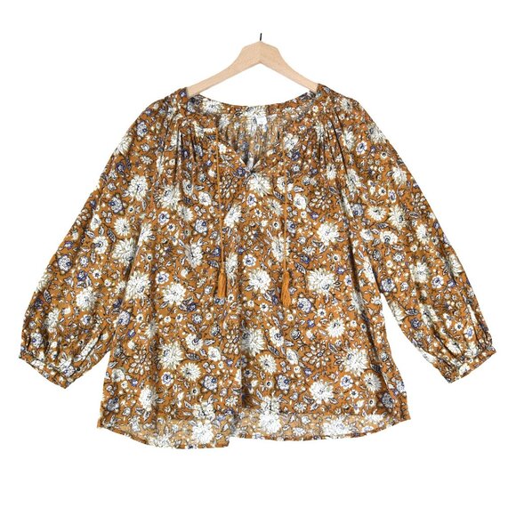 Old Navy Boho Floral Blouse L Rust Mustard Prairie Peasant Top - Picture 2 of 8